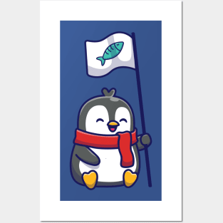 Cute penguin with fish flag Posters and Art